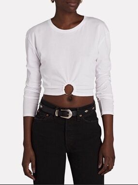 INTERMIX White Long-Sleeve Cropped Tee with Front Ring